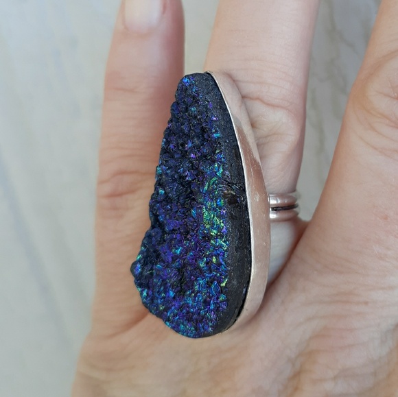 New Titanium Druzy 925 Silver Statement Ring. - Picture 5 of 8